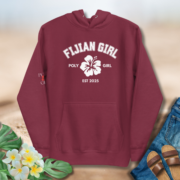 Fijian Girl Poly Girl Classic Hoodie in maroon with hibiscus emblem