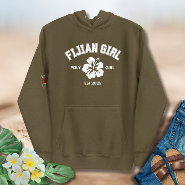 Fijian Girl Poly Girl Classic Hoodie in military green with hibiscus emblem