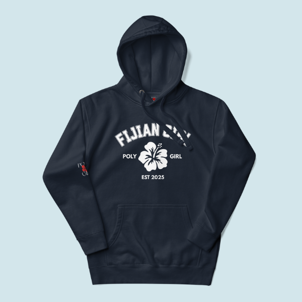Black hoodie with white text and hibiscus flower on a light blue background