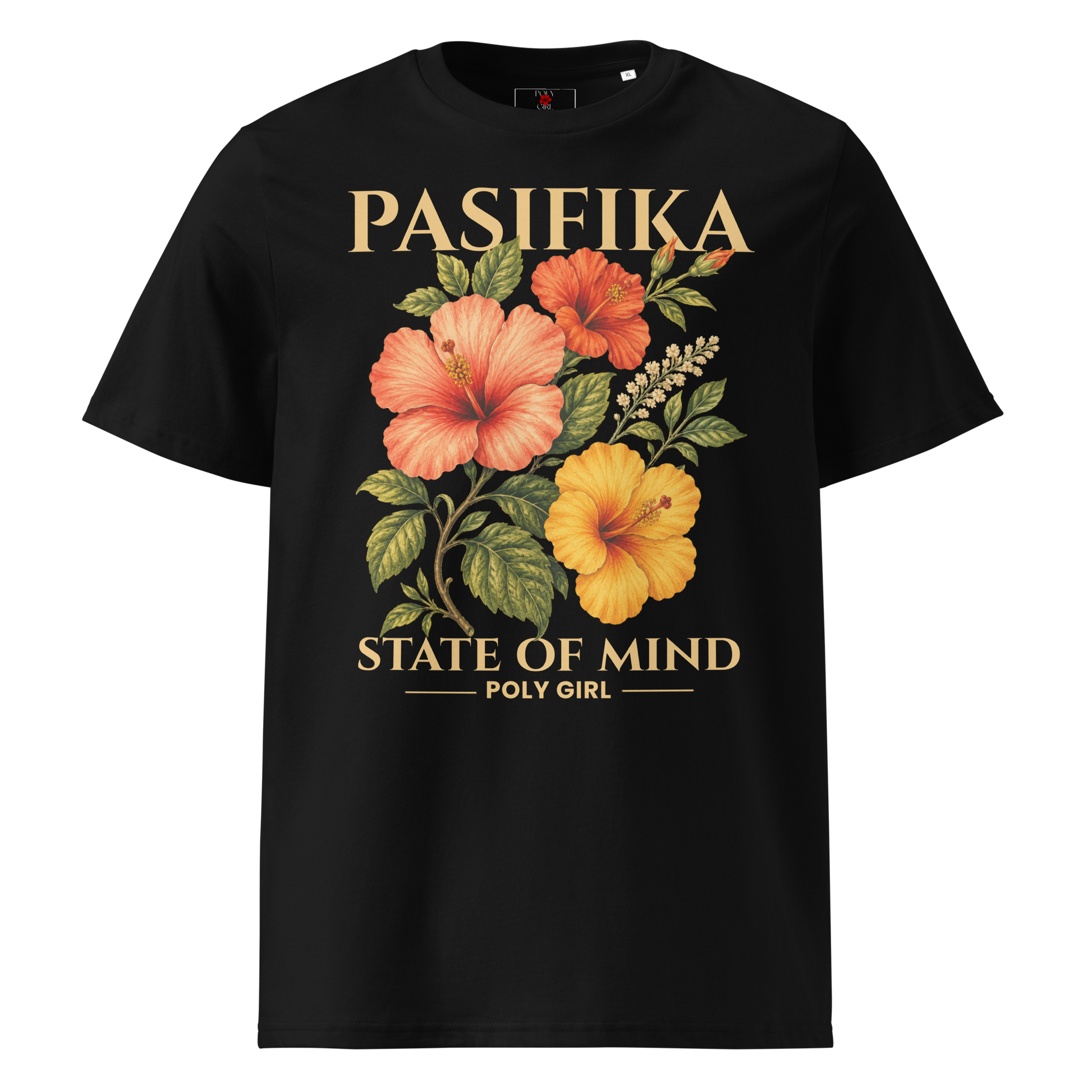 A black short-sleeve t-shirt with a graphic print featuring hibiscus flowers in orange, yellow, and pink with green leaves, and gold text reading 'PASIFIKA' and 'STATE OF MIND' with 'POLY GIRL' underneath.