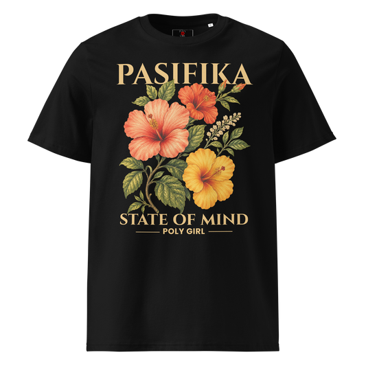 A black short-sleeve t-shirt with a graphic print featuring hibiscus flowers in orange, yellow, and pink with green leaves, and gold text reading 'PASIFIKA' and 'STATE OF MIND' with 'POLY GIRL' underneath.