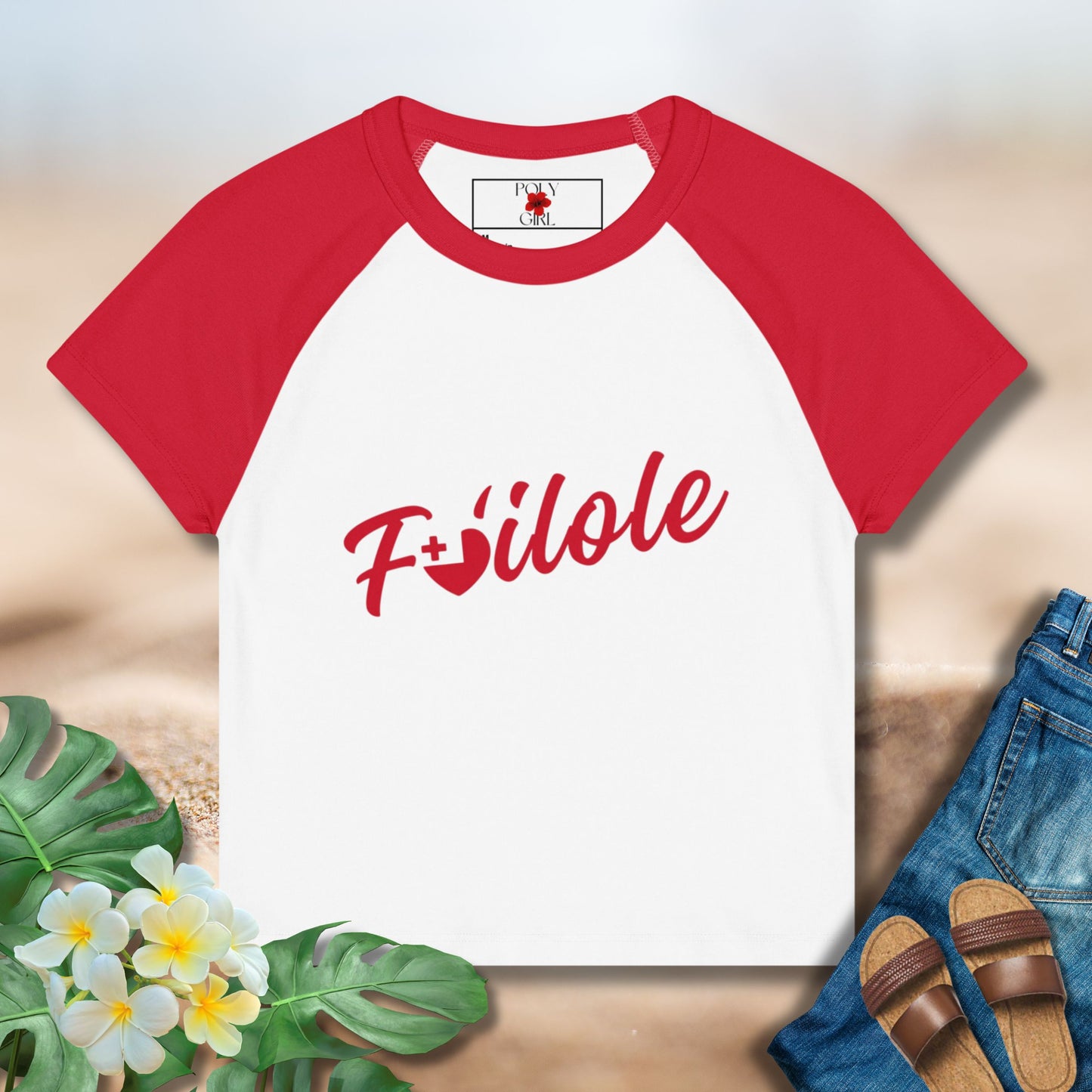 Fo'ilole Baby Tee by Poly Girl in red and white mockup