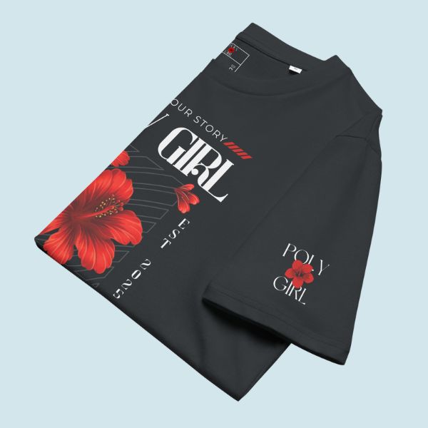 Black t-shirt with red floral design and 'Poly Girl' logo on left sleeve