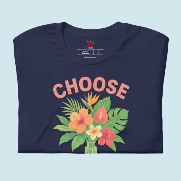 Floral graphic tee displaying the words Choose Kindness above and below a bouquet design