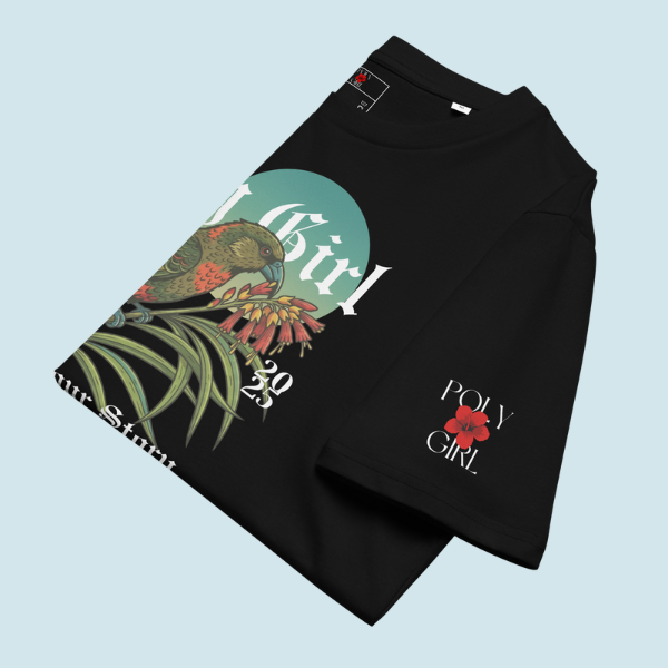 Folded Harakeke Nourish Tee with Poly Girl logo