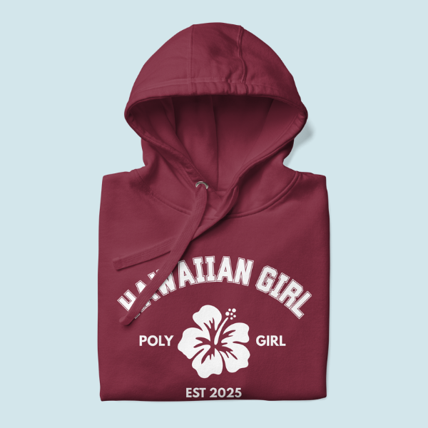 Folded Hawaiian Girl Poly Girl Classic Hoodie in maroon with white hibiscus emblem 