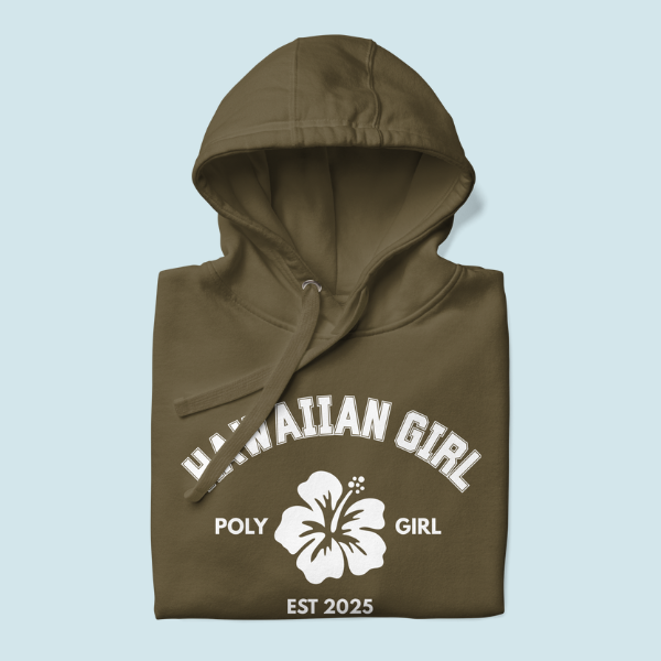Folded Hawaiian Girl Poly Girl Classic Hoodie in military green with white hibiscus emblem 