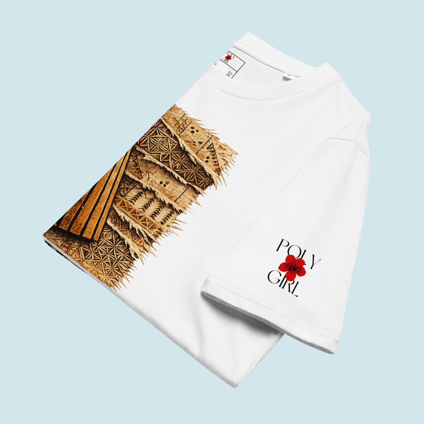 Folded Ike and Kupesi tee with Poly Girl logo on sleeve
