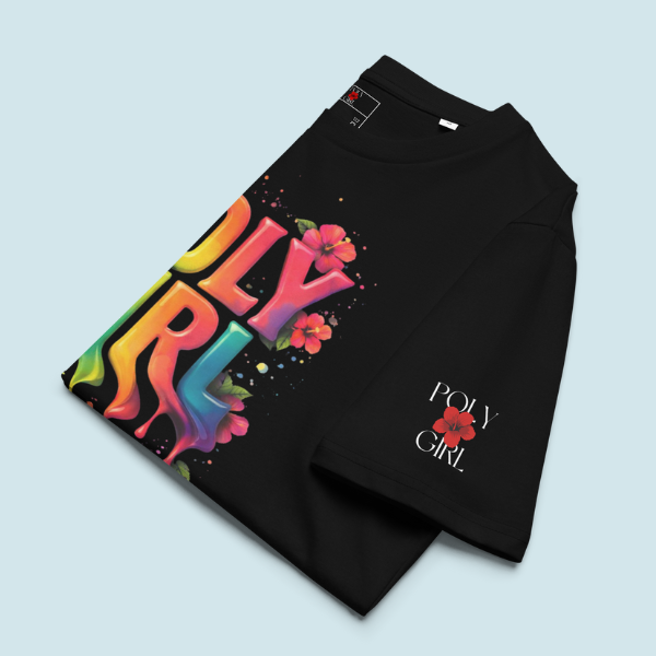 Folded Poly Girl Living Color Tee with logo on left sleeve