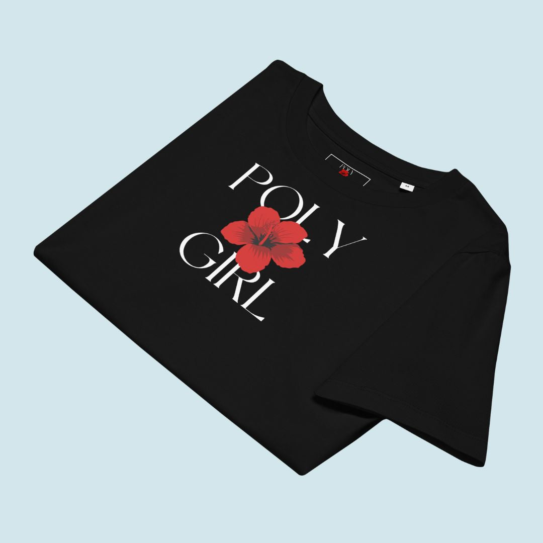 Black t-shirt with 'Poly Girl' and a red flower on a light blue background