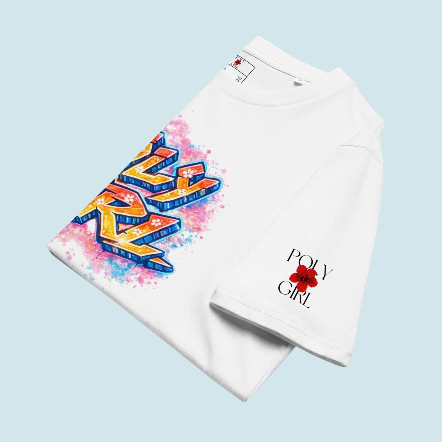 Folded Pua Power Tee with Poly Girl Logo on sleeve