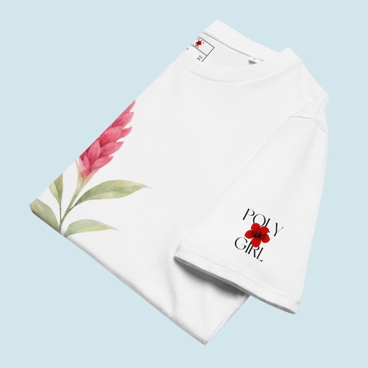 Folded Samoan T-shirt with Poly Girl logo on left sleeve
