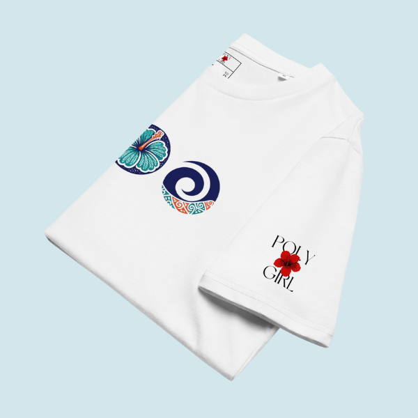 Folded view of the Tolu Tee b Poly Girl with logo on left sleeve