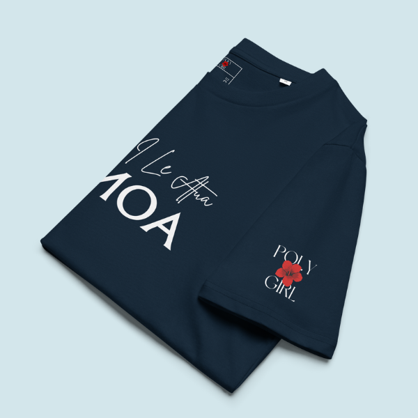 Folded navy blue shirt with text and Poly Girl logo on a light blue background
