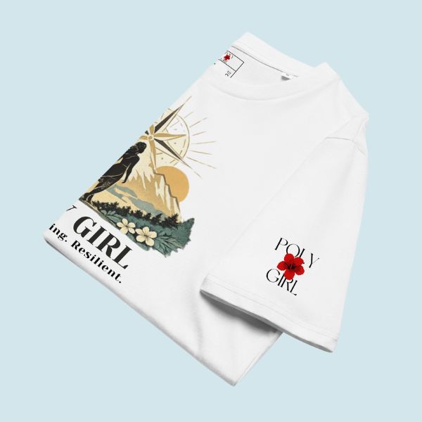 Follow Her Compass Tee by Poly Girl folded with logo on left sleeve