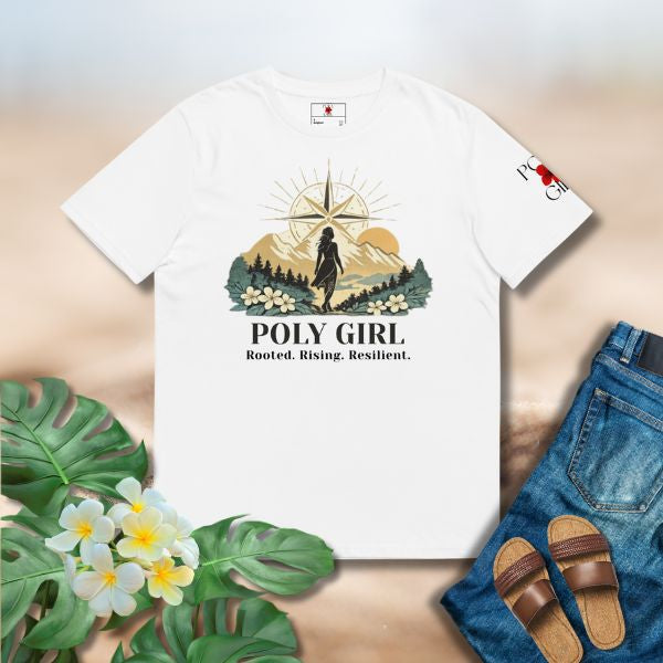 Following Her Compass Tee with woman guided by a compass, mountains ahead, and a rising sun