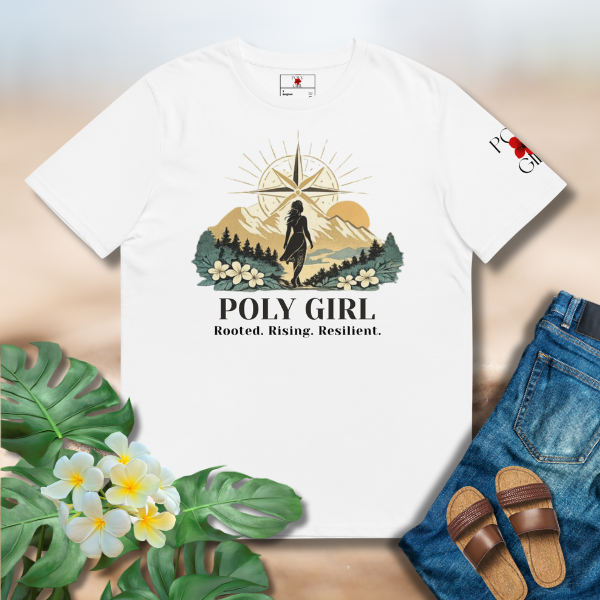 Following Her Compass Tee with woman guided by a compass, mountains ahead, and a rising sun by Poly Girl 