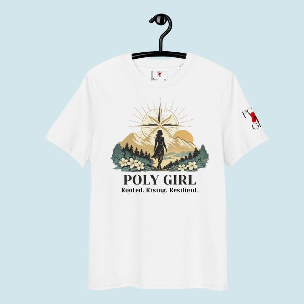 Poly Girl tee in white featuring compass artwork and the words Rooted. Rising. Resilient on hanger. 