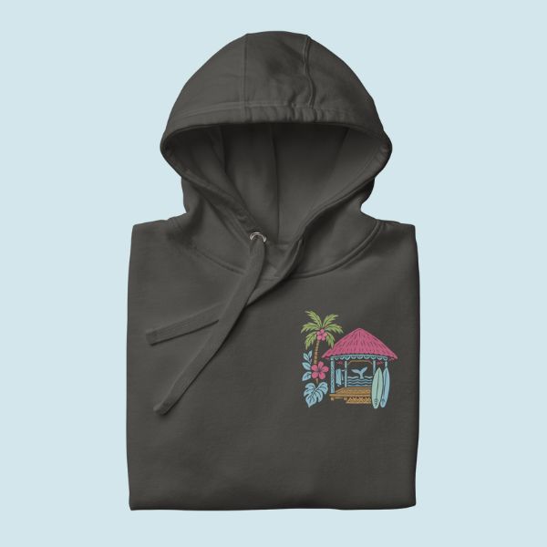 Dark gray hoodie with a colorful embroidered design on a light blue background