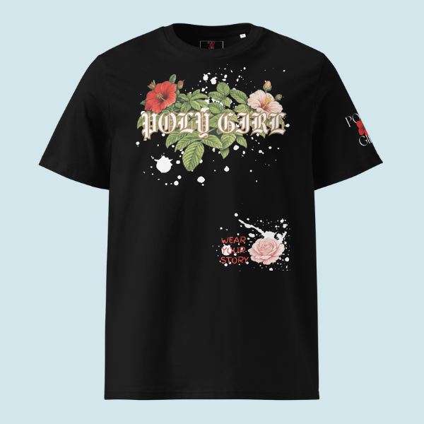 Poly Girl Mode Tee bright floral splash design on black