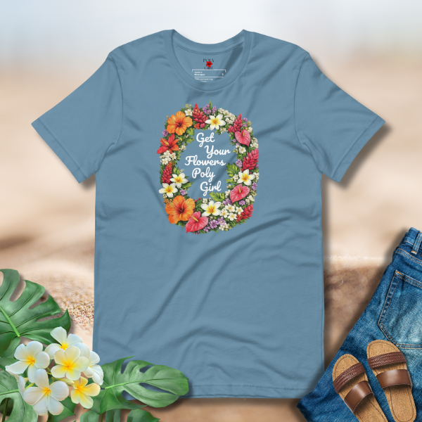 Get Your Flowers Poly Girl tee with tropical floral wreath in blue