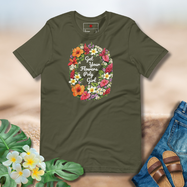 Get Your Flowers Poly Girl tee with tropical floral wreath in dark green