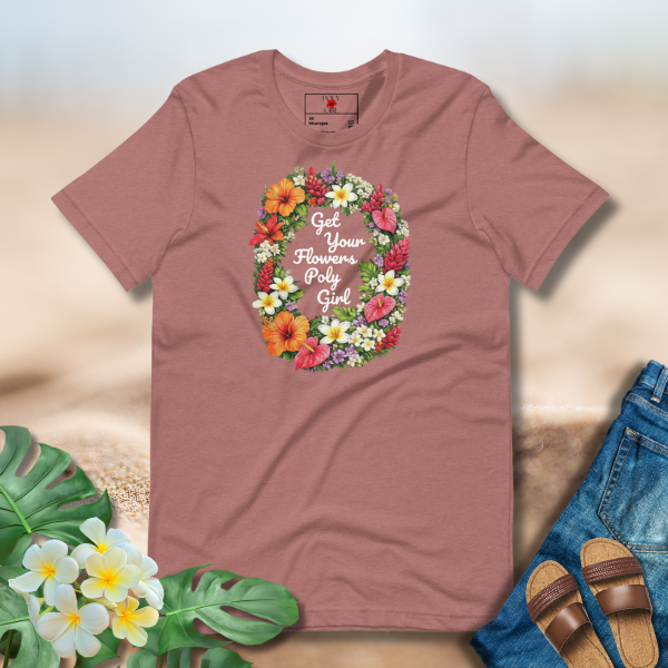 Get Your Flowers Poly Girl tee with tropical floral wreath design in mauve
