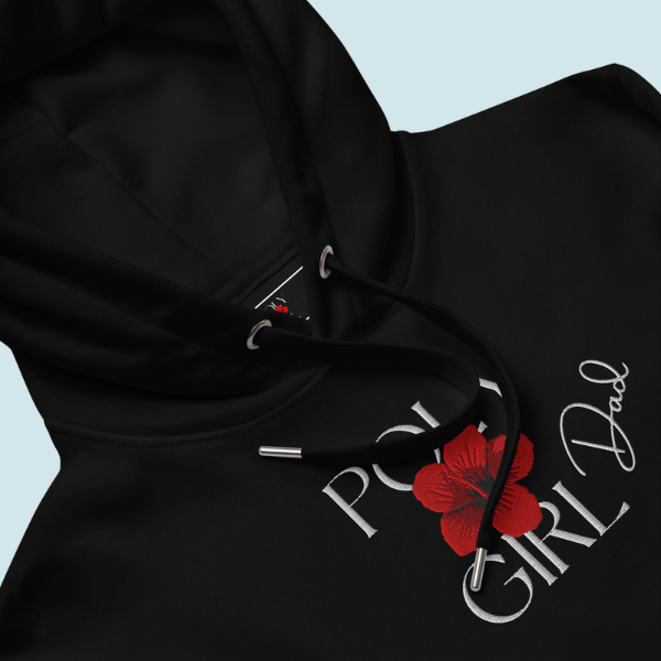 Black hoodie with 'GIRL DAD' text and red floral design on a light blue background
