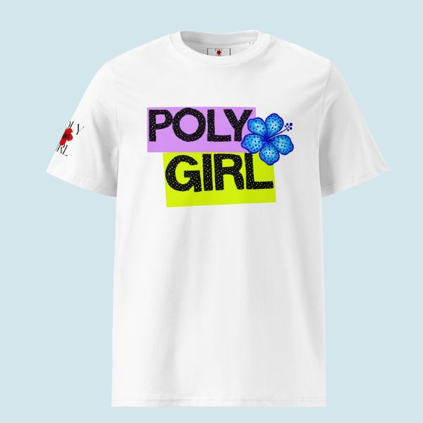 White t-shirt bit graphic design of Poly Girl against purple and green blocks with blue hibiscus detail. 