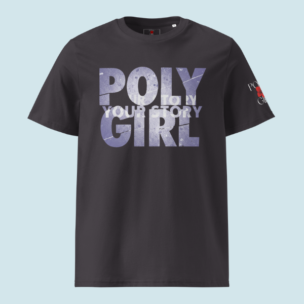 Black t-shirt with 'Poly Girl' text on a light blue background