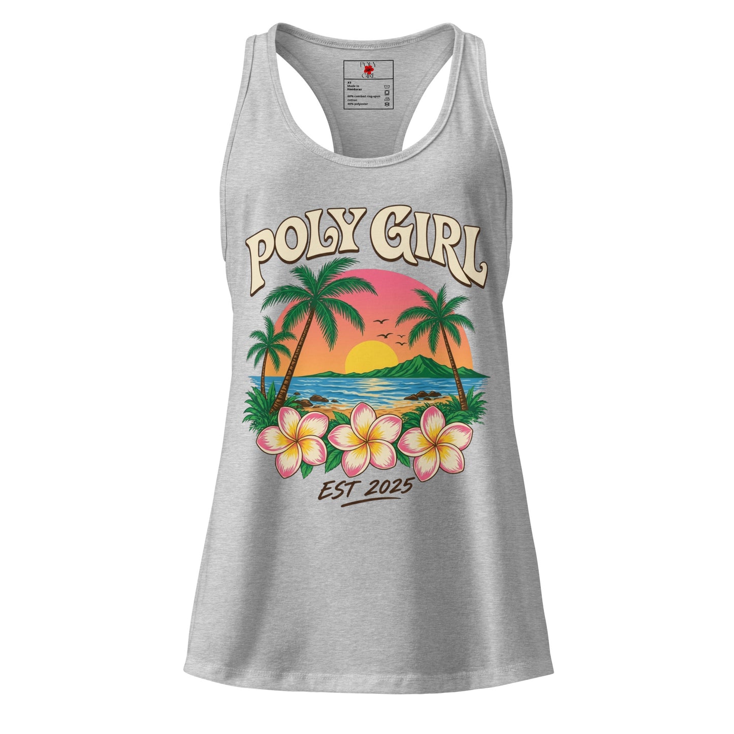 Gray tank top with tropical island design and sunset by Poly Girl 