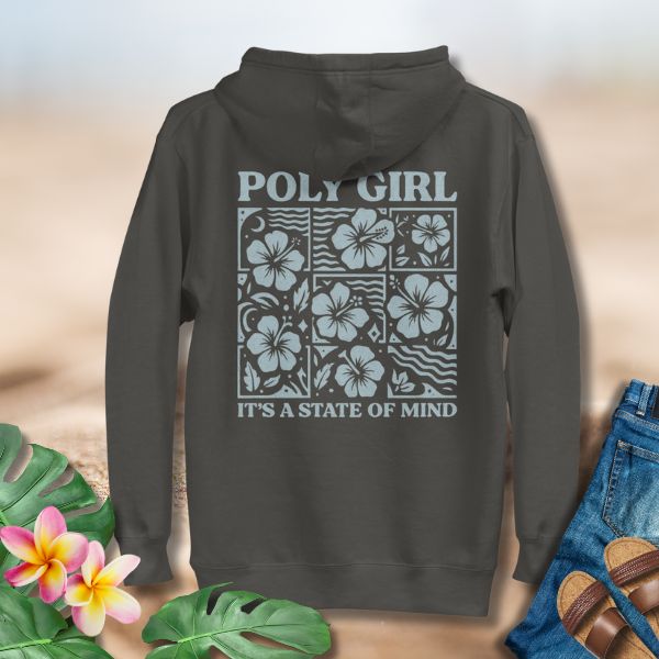 Dark gray hoodie with floral design and text on a neutral background