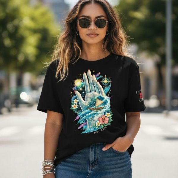 Model wearing the Guided Tee of navigation and way finding design by Poly Girl