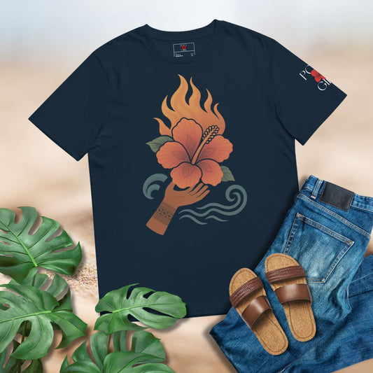 Navy blue t-shirt with a floral design, paired with jeans and sandals on a neutral background.