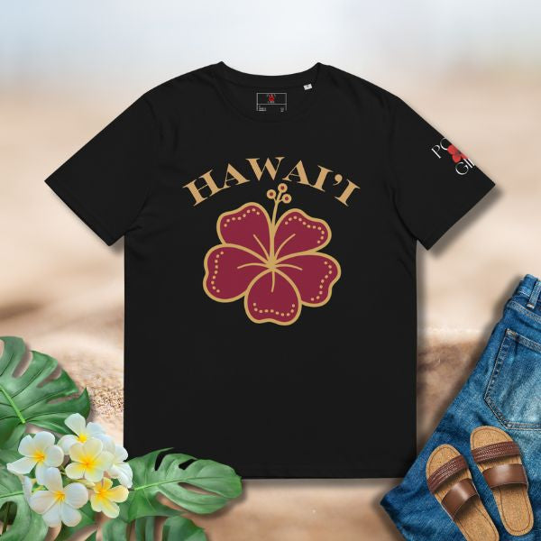 Hawai‘i Hibiscus Tee featuring a bold hibiscus emblem and arched Hawai‘i lettering