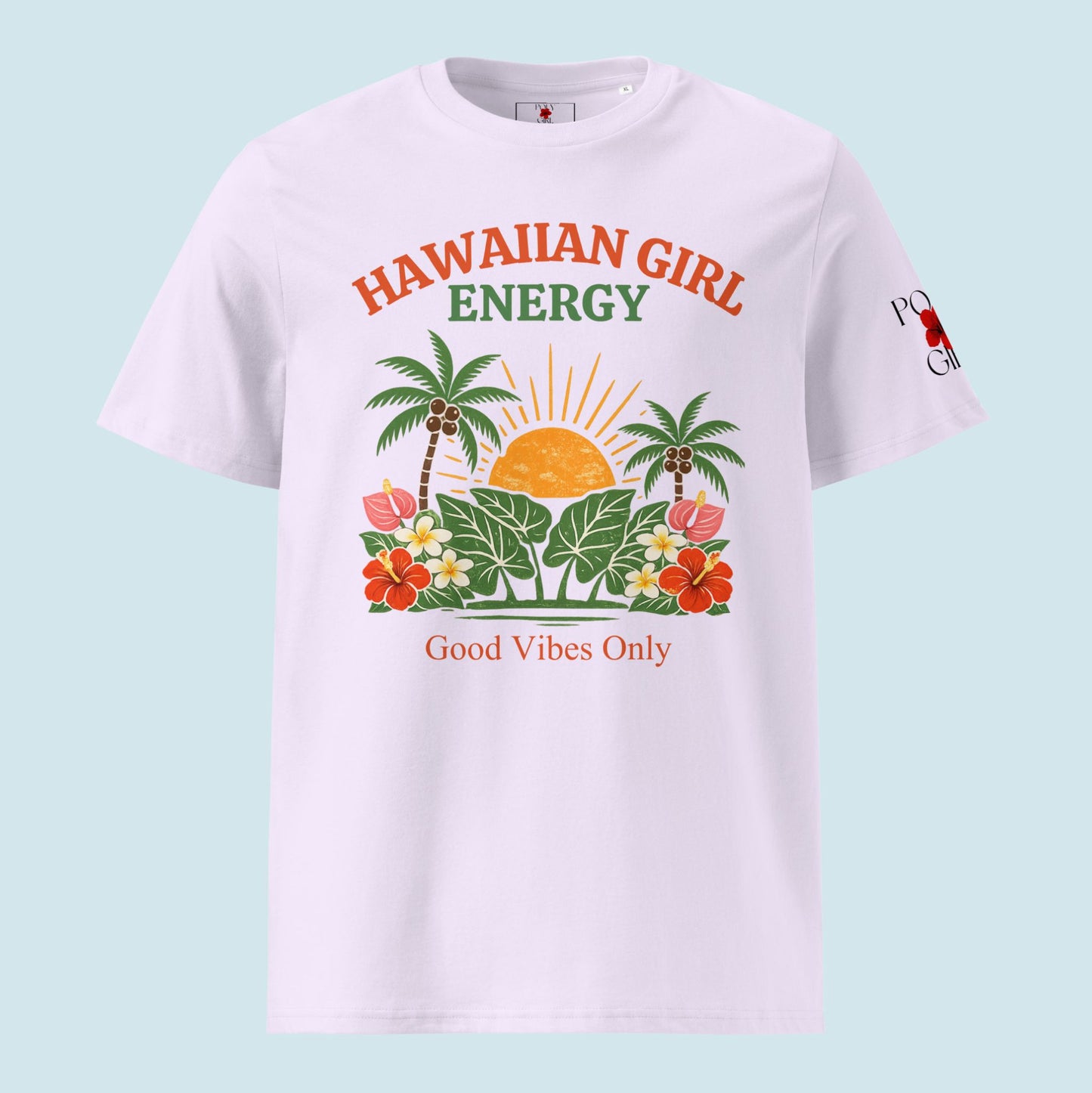 T-shirt with 'Hawaiian Girl Energy' design on a lavender tee on a light blue background