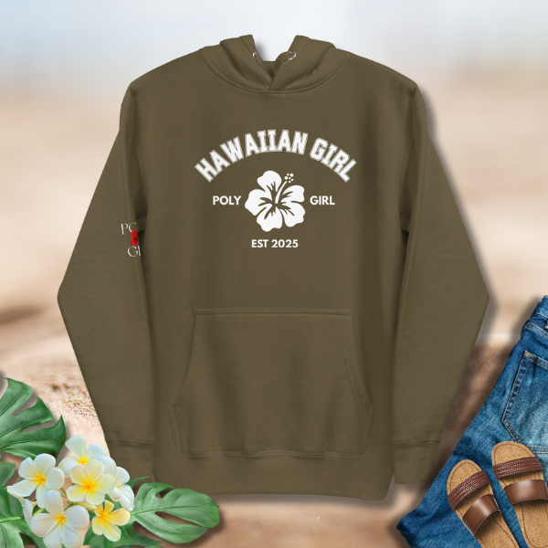 Hawaiian Girl Poly Girl Classic Hoodie with white hibiscus emblem on military green 