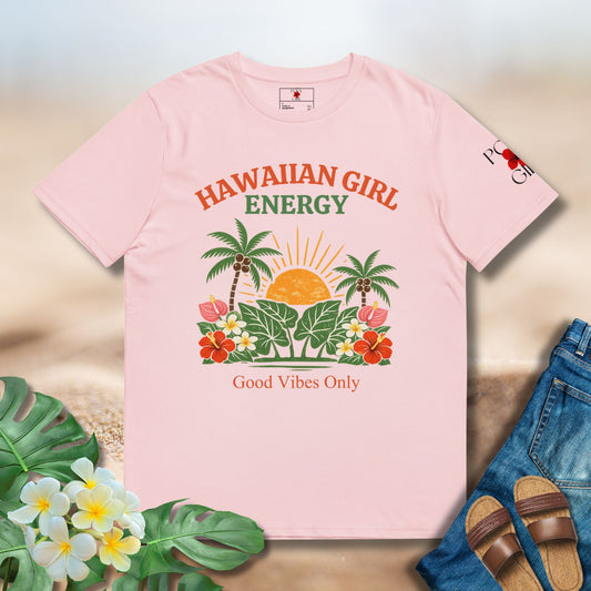 Hawaiian Girl Energy tropical sunset graphic on beige organic cotton tee