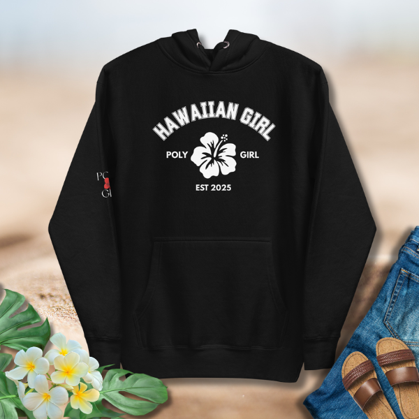 Hawaiian Girl Poly Girl Classic Hoodie in black  with white hibiscus emblem 