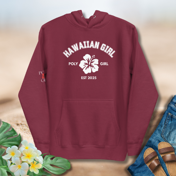 Hawaiian Girl Poly Girl Classic Hoodie in maroon  with white hibiscus emblem 
