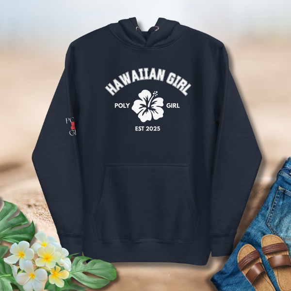 Hawaiian Girl Poly Girl Classic Hoodie in navy  with white hibiscus emblem 