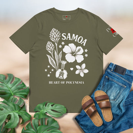 Green t-shirt with 'Samoa' and floral design, surrounded by jeans, sandals, and leaves.