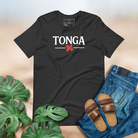Dark Gray tee with TONGA text and symbolic red heilala blossom by Poly Girl