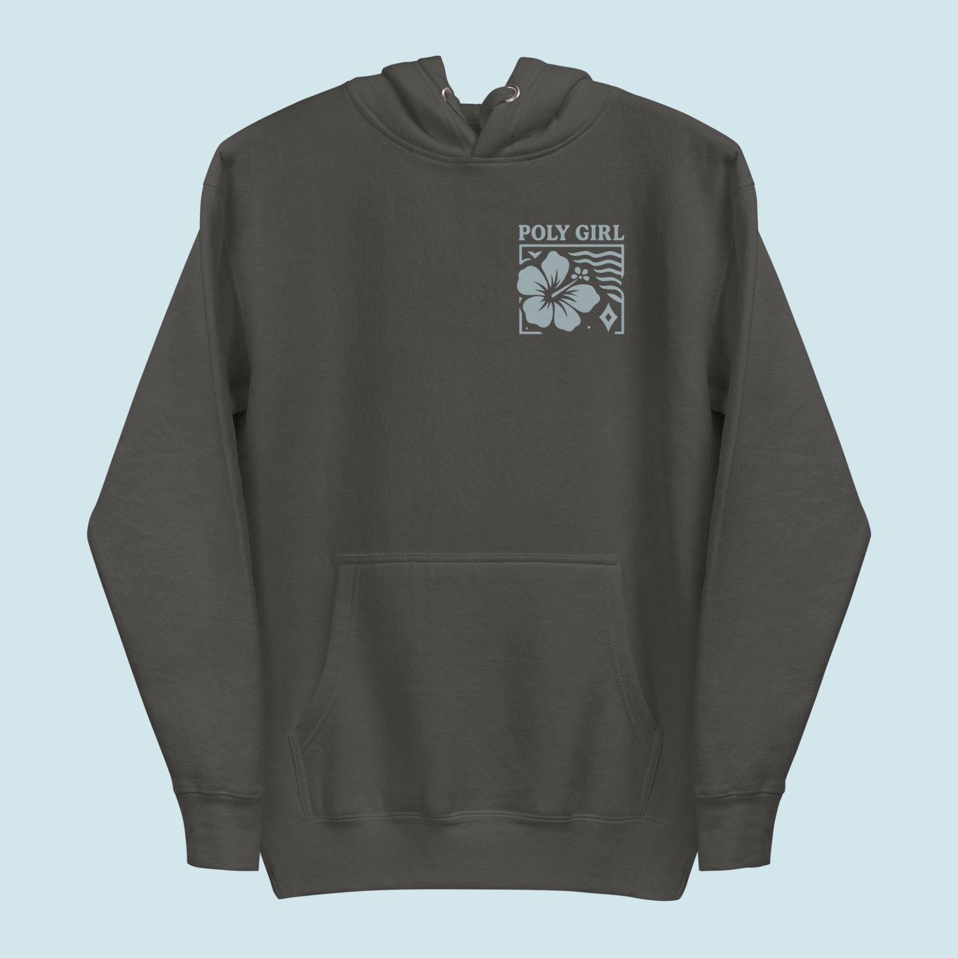 Front of Hibiscus Block Hoodie with left chest design of light blue gray hibiscus and the word Poly Girl