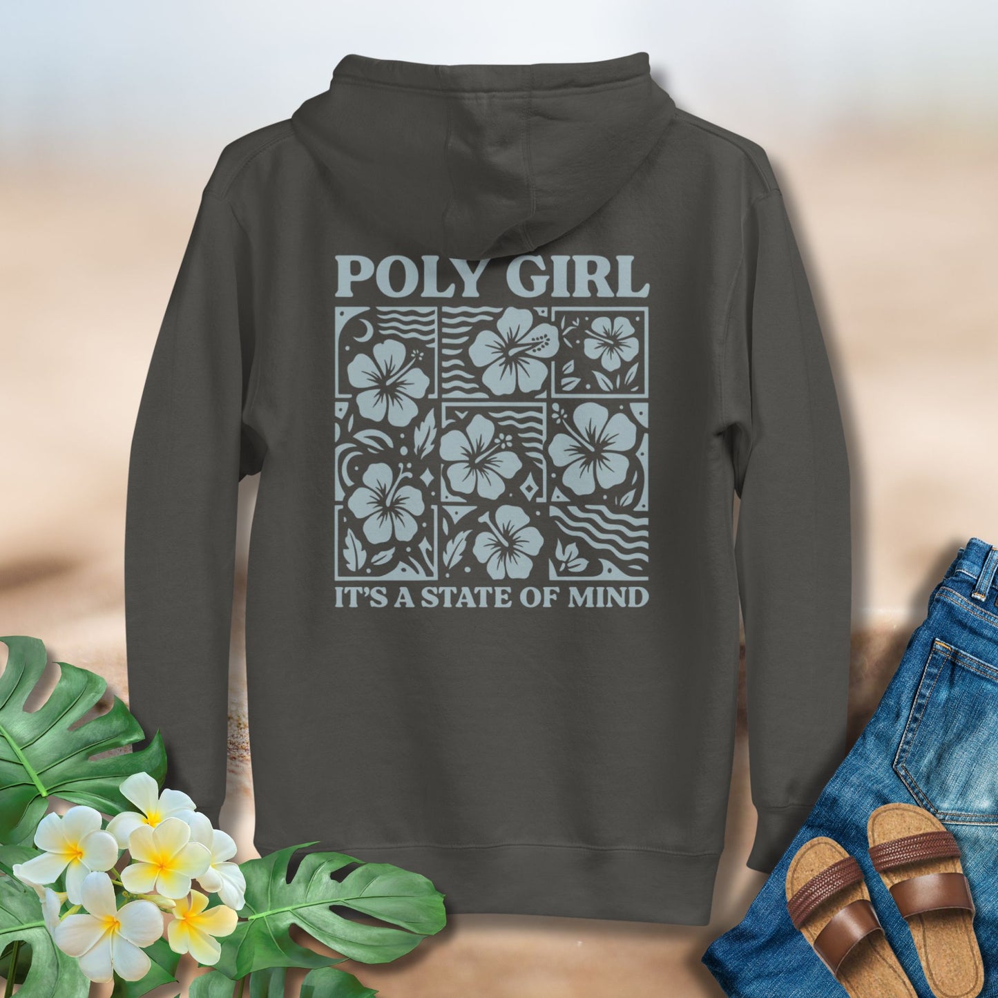 Poly Girl Hibiscus Block Hoodie design with florals and the words It's a State of Mind in Vintage Black Color