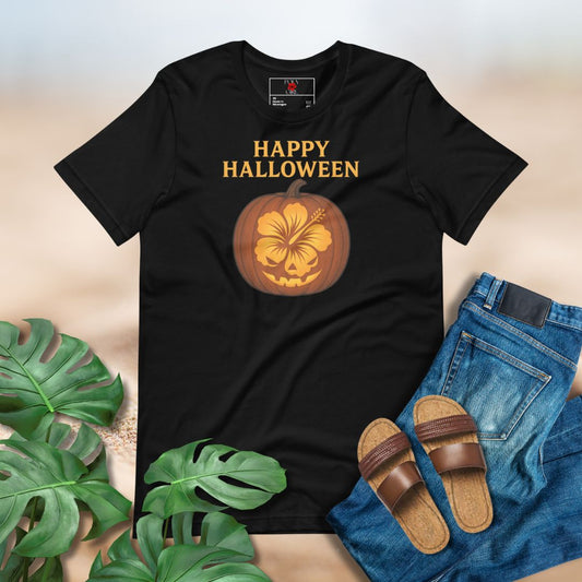 Black t-shirt with 'Happy Halloween' pumpkin design, paired with jeans and sandals on a neutral background.