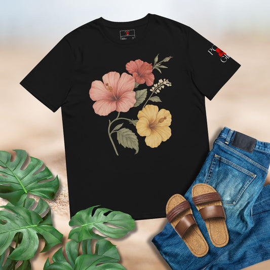 Hibiscus_Three_Flowers Bouquet Design on Black Unisex T-shirt by Poly Girl