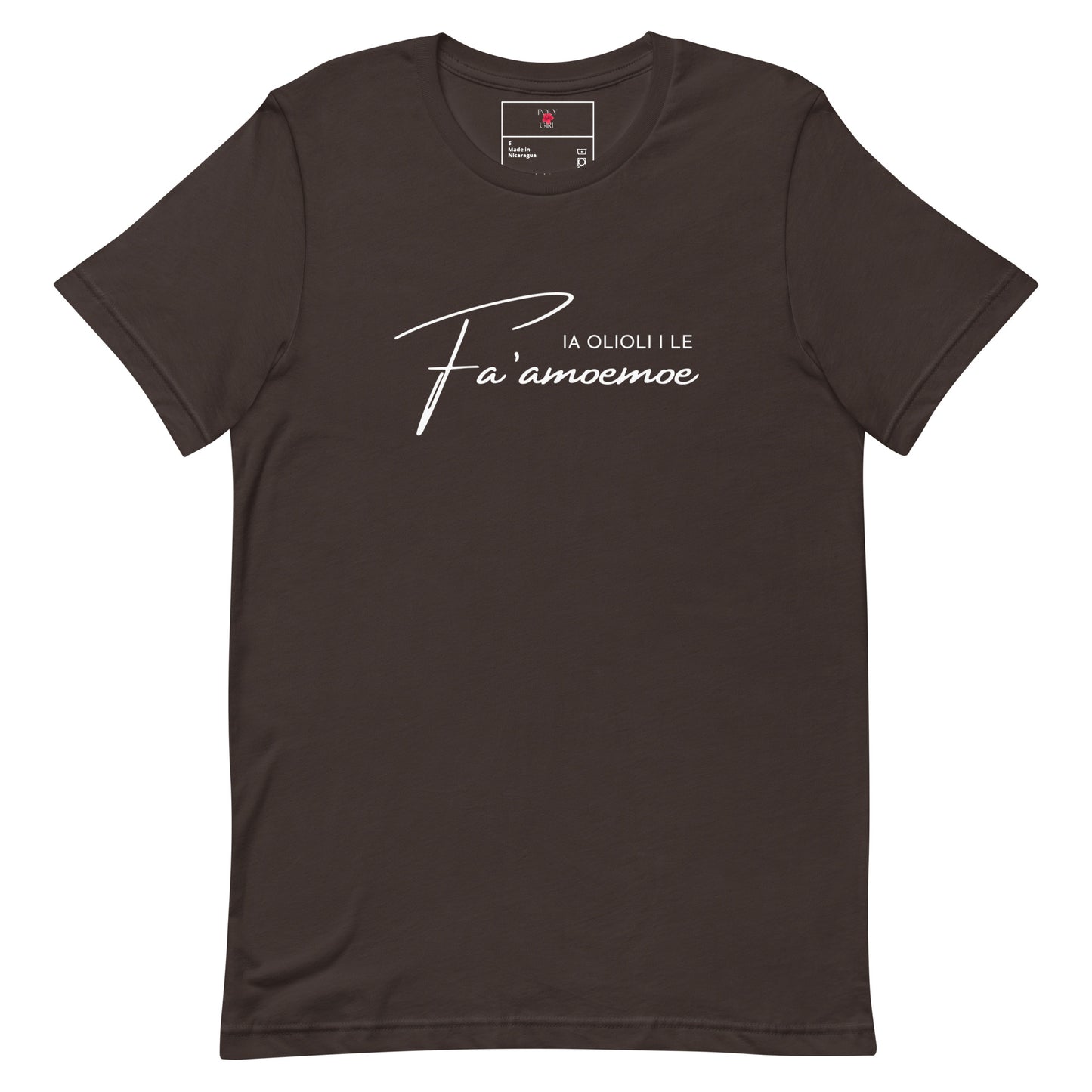 Ia Olioli I le Fa'amoemoe tee by Poly Girl™ in Brown