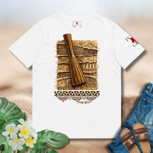 Ike and Kupesi Design on white Tee by Poly Girl with manulua underscore.