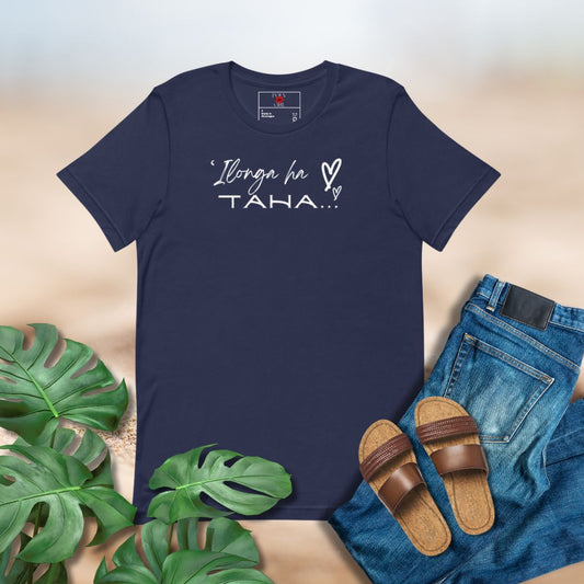 Blue Tshirt with Tongan hymn "Ilonga ha Taha" written on the front - By Poly Girl, The Island Girl's Brand